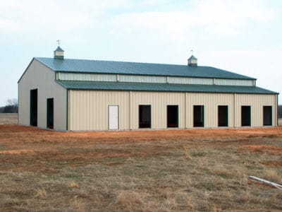 Metal ranch building finished construction by Oklahoma Steel Building Systems.